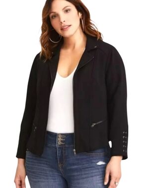 Torrid Black Crepe Moto Style Jacket Siver Hardware Weave Accents